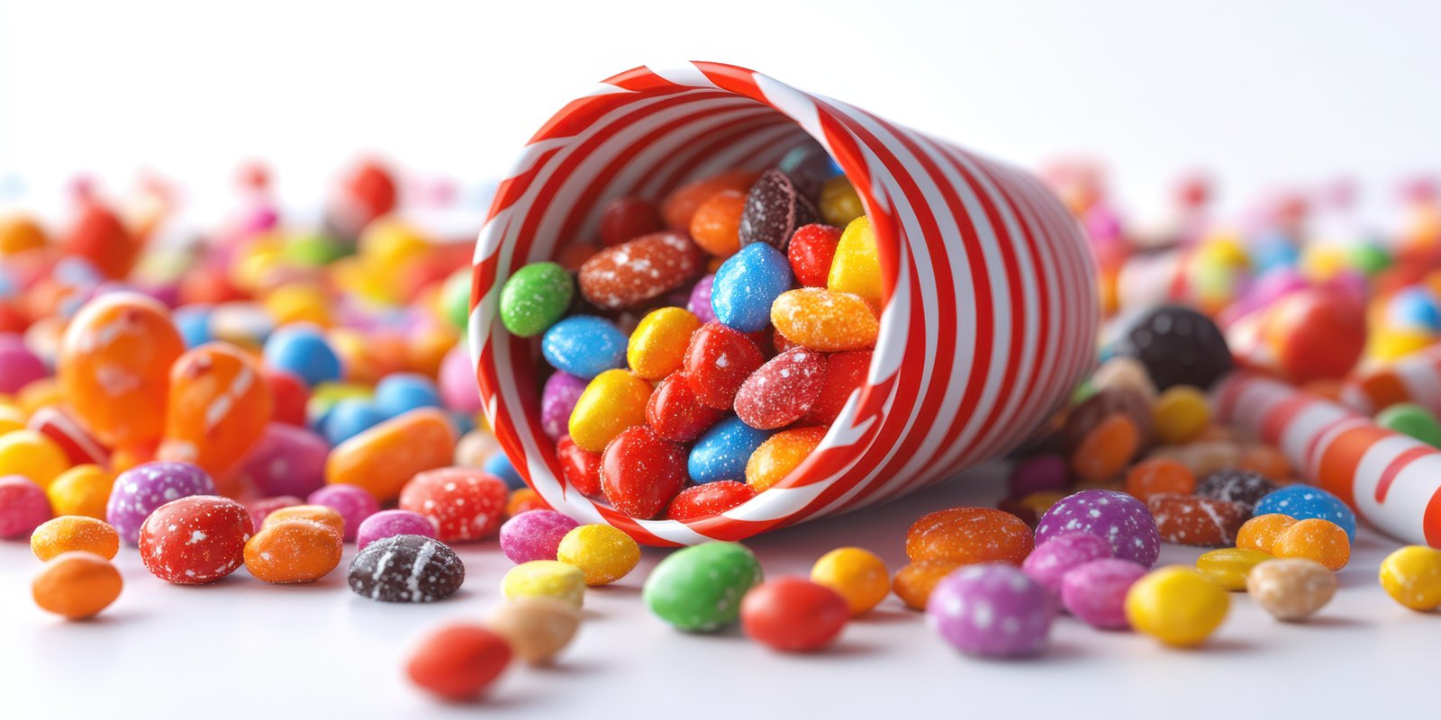 Colorful candy spills from a striped cone onto a bright surface during a cheerful celebration
